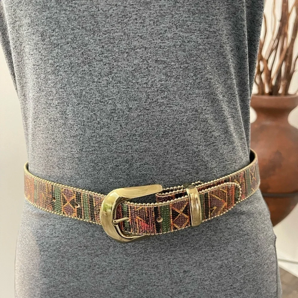 Unbranded Vintage Tribal Multi Color Beaded Belt Gold-Tone Buckle Size 33”